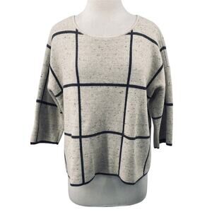 Eileen Fisher Sweater Windowpane Pattern Dolman Wool Organic Cotton Gray Medium